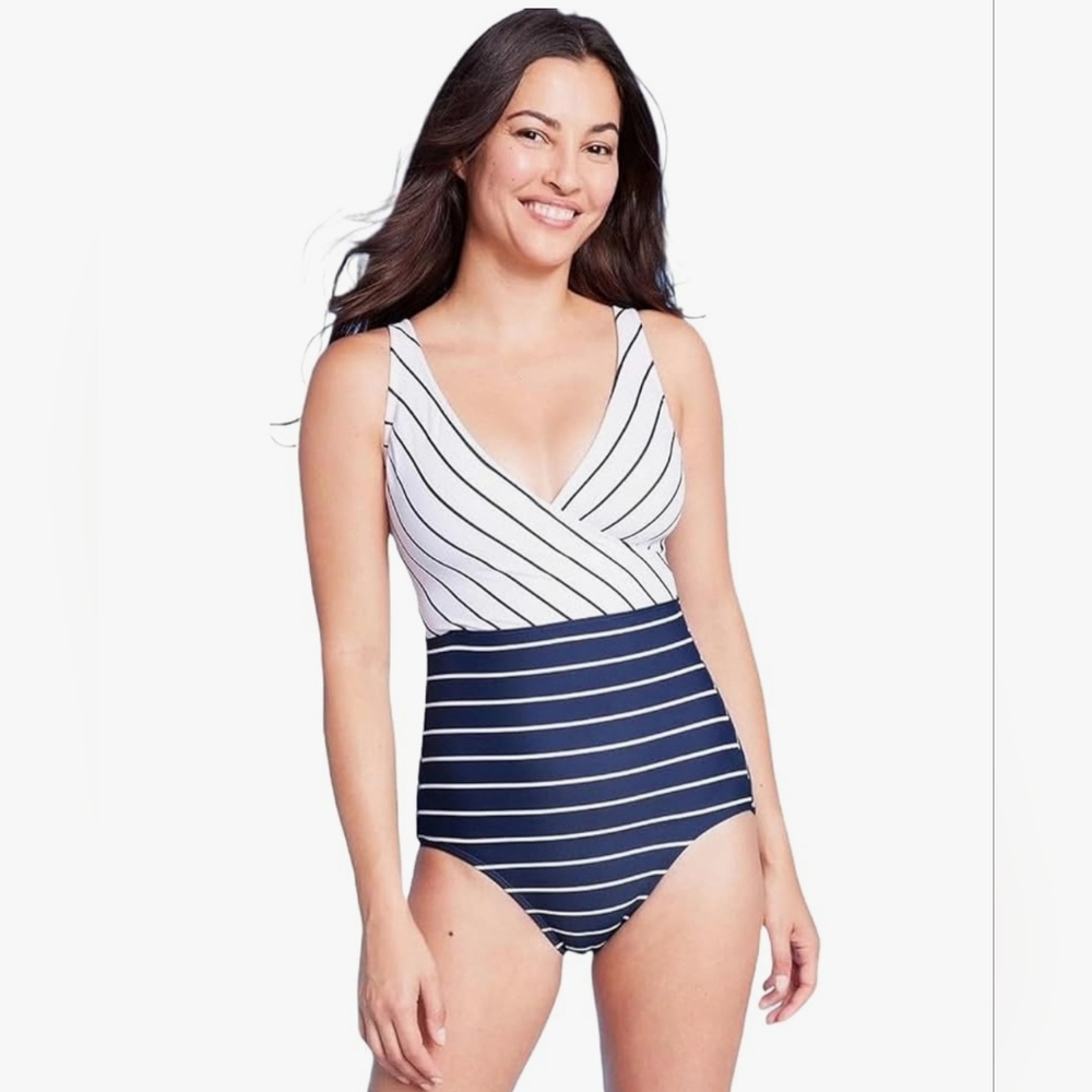 Kona Sol Women's Striped V Neck Full Coverage One Piece Swimsuit Navy Blue L